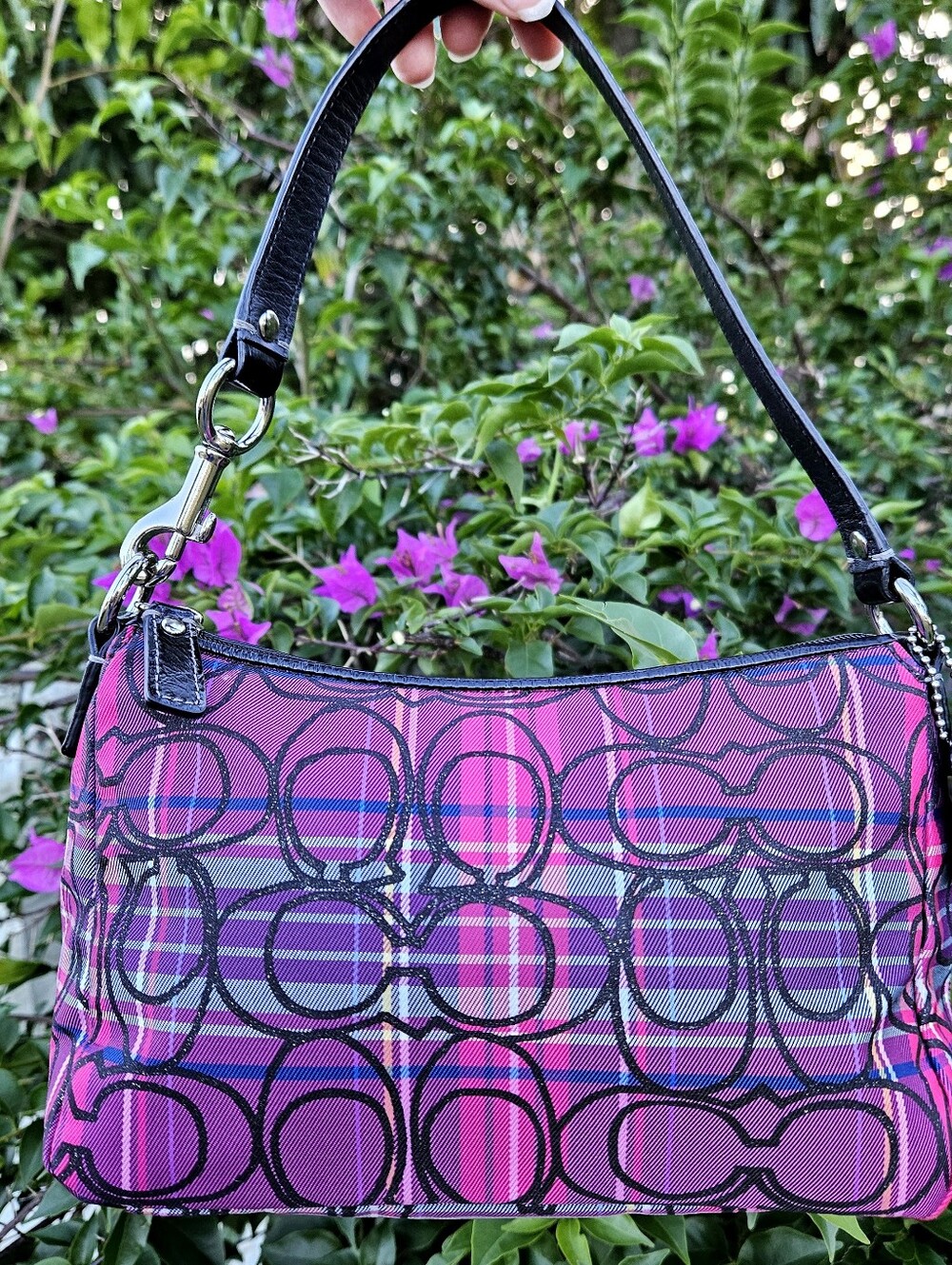 Coach Tartan Plaid Signature Demi Shoulder Bag Pink Black Y2K